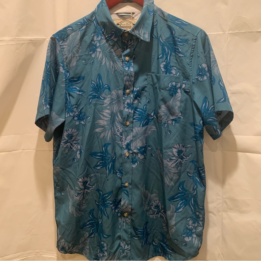 Seapointe Men's Island Classics Soft Tropical Woven Blue/Green Button Shirt M